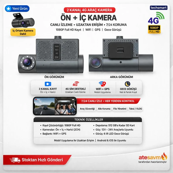 TECHSMART 2 Kanal 4G Araç Kamera Ön + İç 1080P Full HD WiFi GPS Gece Görüşlü Canlı İzleme ürün görseli 1