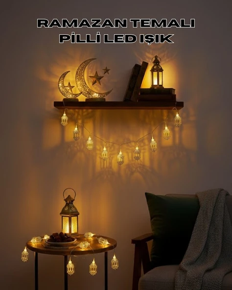 Altın Fener Detaylı Pilli Ramazan LED Işık Ev Dekorasyonu ürün görseli 1