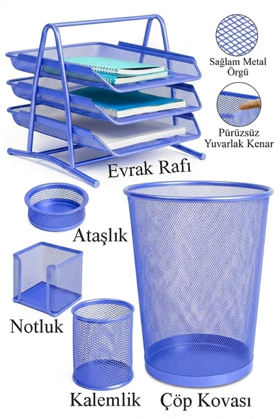 Mavi Metal Evrak Rafı 3 lü ve Masaüstü Kalemlik 1 Paket Masaüstü A4 Dosya 3 Katlı Düzenleyici Kağıt Tepsisi Metal ürün görseli 1