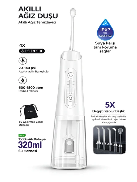 IPX7 Ağız Duşu 320ml 5 Başlık 4 Mod 20-140 PSI Şarjlı Diş Temizleme Oral Irrigator Beyaz ürün görseli 1