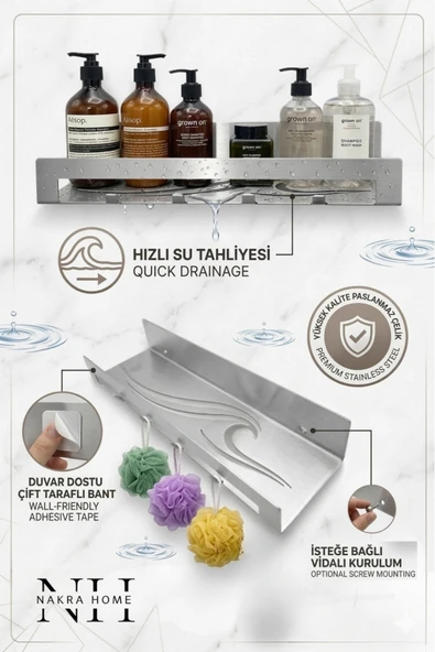 NAKRA HOME Paslanmaz Çelik Çok Amaçlı Banyo ve Mutfak Rafı  4 Askılı, Yapışkanlı & Vidalı Kurulum ürün görseli 1