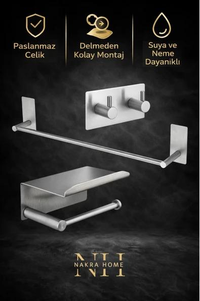 NAKRA HOME 3'lü Set Paslanmaz Çelik Yapışkanlı Havlu Askısı ve Tuvalet Kağıtlığı  Neme Dayanıklı Havluluk ürün görseli 1