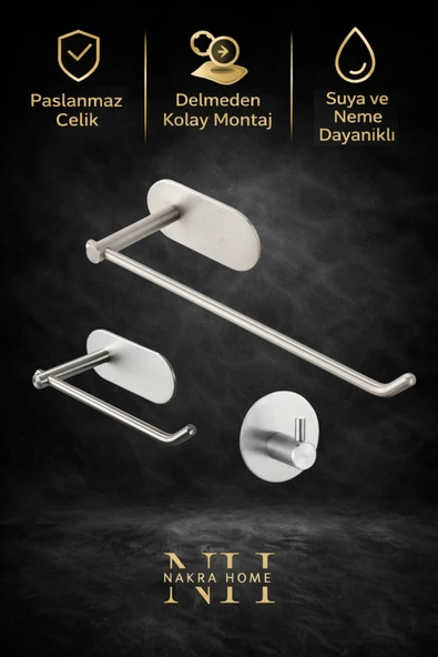 NAKRA HOME 3'lü Set ( Paslanmaz Çelik Yapışkanlı Havlu Askısı , Tuvalet Kağıtlığı ve Tekli Askılık ) Havluluk ürün görseli 1