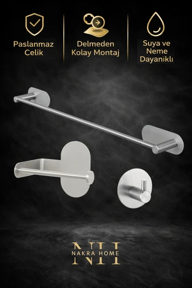 NAKRA HOME 3'lü Paslanmaz Çelik Yapışkanlı Havlu Askılığı ve Tuvalet Kağıtlığı  Delmeden Montaj Neme Dayanıklı ürün görseli 1