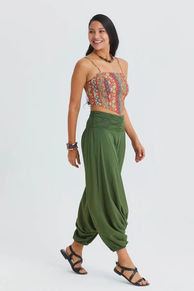 Drape Detay Beli Lastikli Şalvar Pantolon - Resim 5