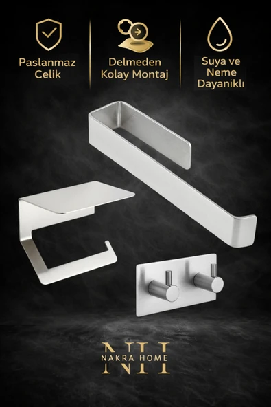 NAKRA HOME 3'lü Set ( Paslanmaz Çelik Yapışkanlı Havlu Askısı , Tuvalet Kağıtlığı ve 2'li Askılık ) Havluluk ürün görseli 1