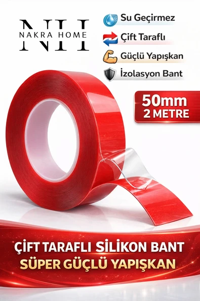 NAKRA HOME Çift Taraflı Silikon Bant İz Bırakmaz Şeffaf Bant Süper Güçlü Duvar Çerçeve Taşıyıcı (50 mm x 2 M) ürün görseli 1