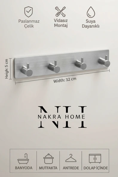 NAKRA HOME Paslanmaz Çelik Yapışkanlı 4'lü Askılık  Delmeden Montaj Suya Dayanıklı Çok Amaçlı Havluluk ürün görseli 1