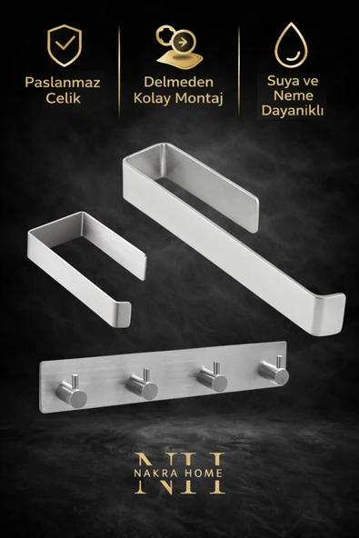 NAKRA HOME 3'lü Set ( Paslanmaz Çelik Yapışkanlı Havlu Askısı , Tuvalet Kağıtlığı ve 4'lü Askılık ) Havluluk ürün görseli 1