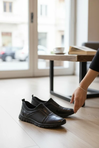 Enoch Hakiki Deri Geometrik Panel Detaylı Ortopedik Comfort Slip-On ürün görseli 1