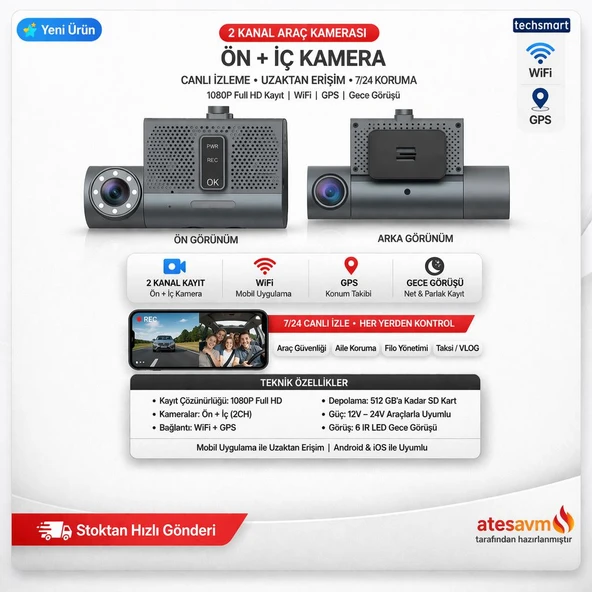TECHSMART 2 Kanal Araç Kamera Ön + İç 1080P Full HD WiFi GPS Gece Görüşlü ürün görseli 1