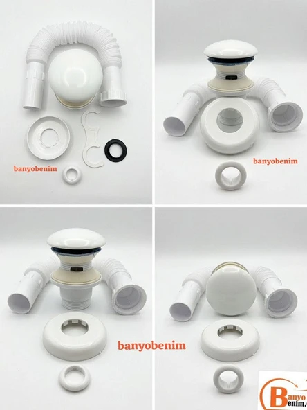 POP UP SİFON TAŞMA DELİKLİ PORSELEN KAFA BEYAZ RENK SİFON ve BEYAZ RENK LAVABO YÜZÜĞÜ ürün görseli 1