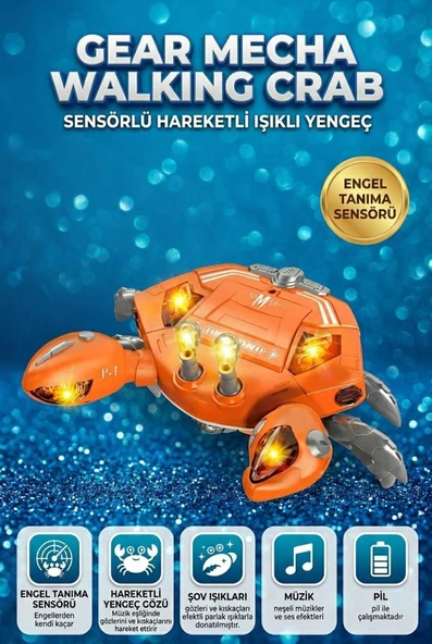 Işıklı, Pilli, Müzikli, Yürüyen, Engellerden Kaçan Mekanik Kıskaçlı Akıllı Yengeç Oyuncak ürün görseli 1