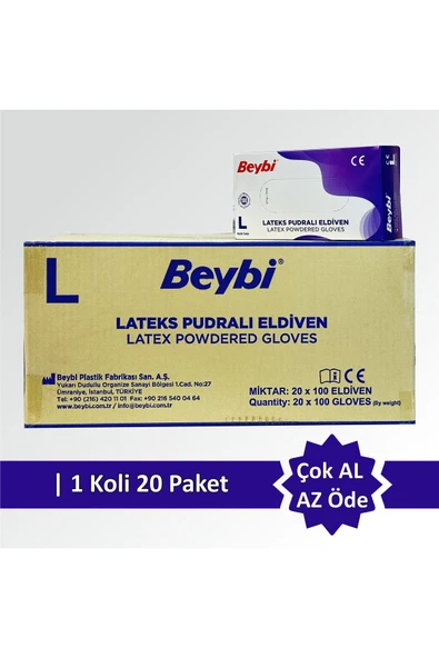 Lateks Pudralı Muayene Eldiveni Tek Kul. - 100'lük Kutu (L BEDEN) Koli 20 Paket ürün görseli 1