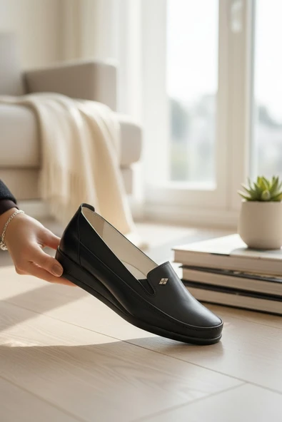 Enoch Minimalist Metal Amblem Detaylı Ortopedik Dolgu Taban Comfort Babet ürün görseli 1