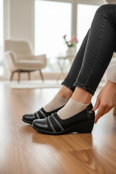 Enoch Gümüş Şerit Detaylı Ortopedik Dolgu Taban Comfort Babet ürün görseli 1