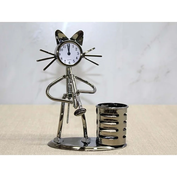 Metal Kedi Müzisyen Saat Ve Kalemlik ürün görseli 1