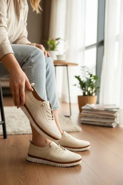 Enoch Lazer Perfore ve Stoperli Lastik Bağcıklı Ortopedik Comfort Sneaker Babet ürün görseli 1