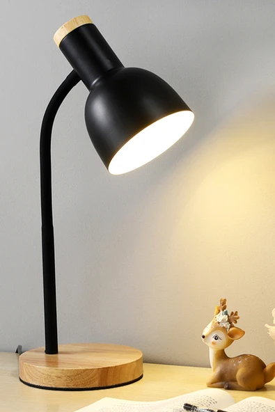 USB LED Masa Lambası Siyah Ahşap Tabanlı Modern Dekoratif, Şık Esnek Boyunlu Ofis ve Çalışma Lambası ürün görseli 1