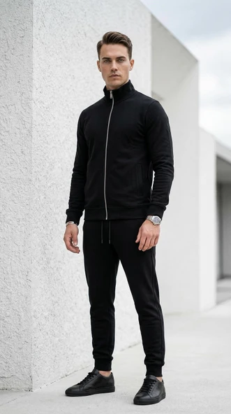 Erkek Eşofman Takımı Slim Fit Dokulu Kumaş Fermuarlı Üst Lastikli Paça Modern Spor Takım ürün görseli 1