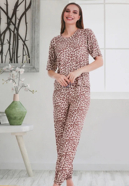 Kadın Kısa Kollu Pijama Takımı Leopar Desenli 1006 ürün görseli 1