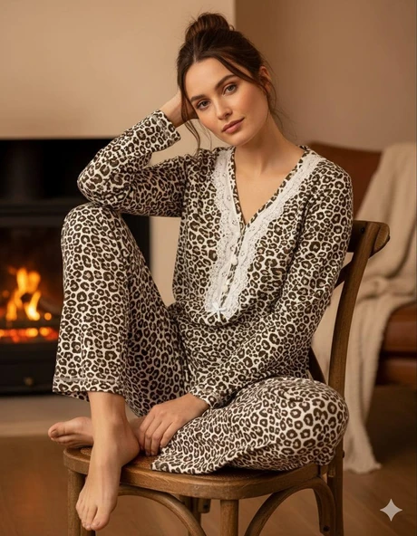 %100 Pamuklu Leopar Desenli Penye Pijama Takımı Kadın Ev Giyimi ürün görseli 1