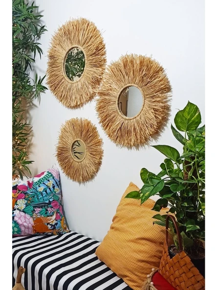 Dekoratif Aynalı Rafya Duvar Süsü Bohemian Style 3 Adet ürün görseli 1
