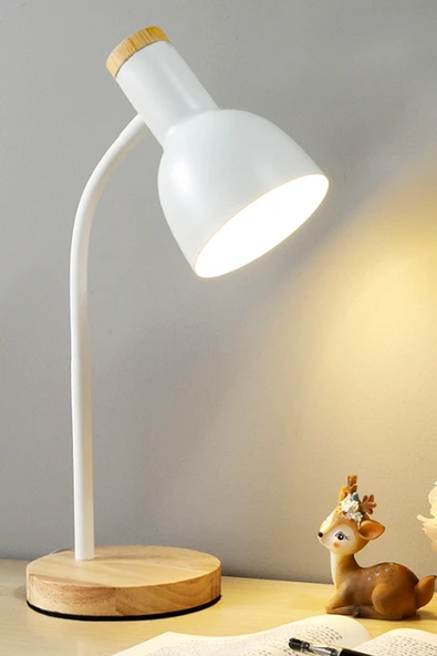 USB LED Masa Lambası Beyaz Ahşap Tabanlı Modern Dekoratif, Şık Esnek Boyunlu Ofis ve Çalışma Lambası ürün görseli 1