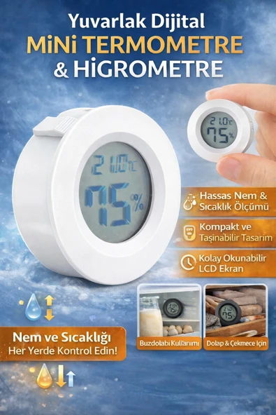 Yuvarlak Dijital Mini Termometre ve Higrometre (Nem Ölçer) – LCD Ekranlı Ortam Sıcaklık & Nem Ölçüm ürün görseli 1