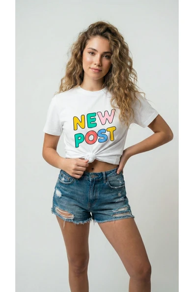 Kadın Düz Beyaz Baskılı New Post Bisiklet Yaka Basic Tişört - Resim 5