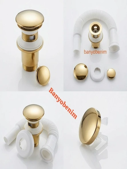 POP UP SİFON TAŞMA DELİKLİ PORSELEN KAFA GOLD RENK SİFON ve GOLD RENK LAVABO YÜZÜĞÜ ürün görseli 1