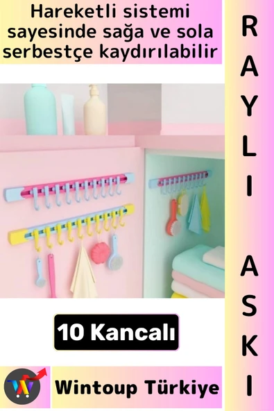 #Askı Kolay Montaj Küçük Eşya Havlu Eşarp Mutfak Banyo Dolap İçi Düzenleyici 10 Kancalı Raylı Askı ürün görseli 1