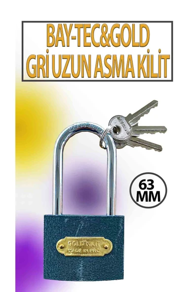 Gri Uzun Asma Kilit Bay-Tec & Gold 63 MM 3 Anahtarlı ürün görseli 1