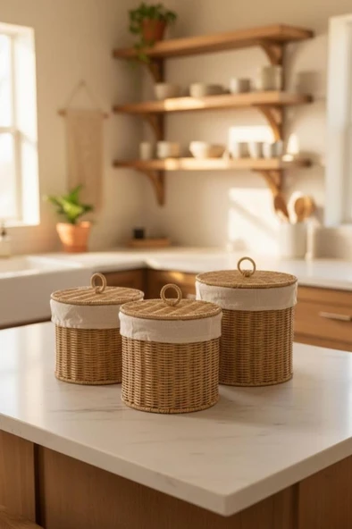 Rattan 3'lü Kapaklı Bezli Hasır Sepet Seti - Patates Soğan ve Ekmek Saklama Kabı ürün görseli 1