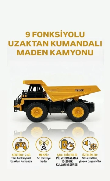 Uzaktan Kumandalı 9 Fonksiyonlu 2.4Ghz 30cm Şarjlı Sesli Işıklı Hareketli Damperli Oyuncak Kamyon ürün görseli 1