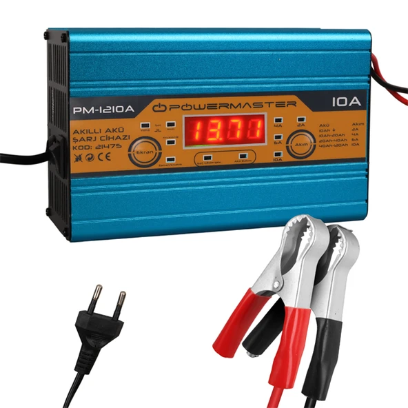 Powermaster PM-1210A 12 Volt Max 10 Amper LCD Ekranlı Akıllı Akü Şarj Cihazı ürün görseli 1
