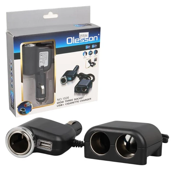 Olesson 1526 12-24V Tek USB Girişli 120W 80 CM Kablolu 3'LÜ Araç Çakmak Çoklayıcı ürün görseli 1