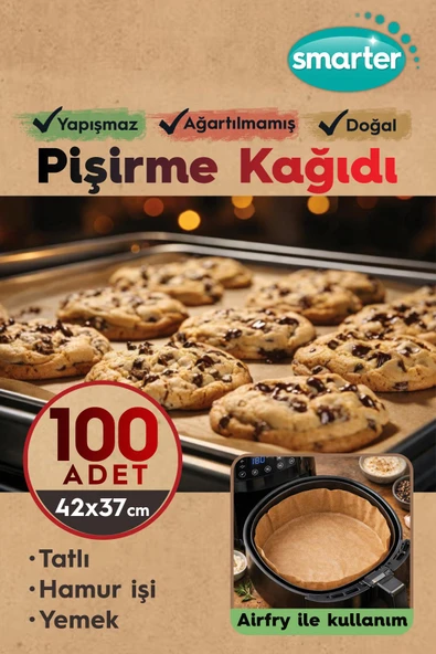 Smarter 100 Adet Ağartılmamış Hazır Kesilmiş Pişirme Kağıdı Airfryer 42x37cm Yapışmaz ürün görseli 1