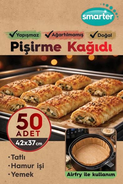 SMARTER 50 Adet Ağartılmamış Hazır Kesilmiş Pişirme Kağıdı Airfryer 42x37cm Yapışmaz ürün görseli 1