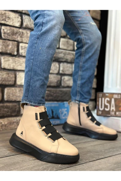 Byshoes BA0142 Bantlı Erkek Yüksek Taban Krem Spor Bot ürün görseli 1