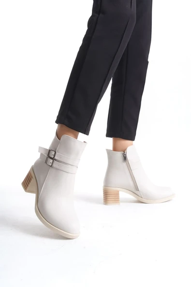 Joy Ayakkabı NOEMI Tokalı Fermuarlı Ortopedik Taban TopukluKadın Bot CKT - Krem ürün görseli 1