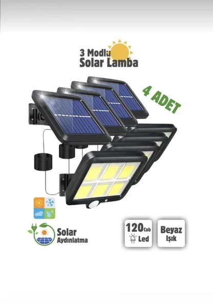 4 Adet 120 Led Solar Güneş Enerjili Hareket Sensörlü Kumandalı Ev Bahçe Garaj Duvar Lambası ürün görseli 1