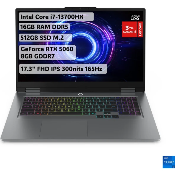Lenovo LOQ Intel Core i7 13700HX 16GB 512GB SSD RTX5060 Freedos 17.3" Taşınabilir Bilgisayar 83JH00BQTR ürün görseli 1