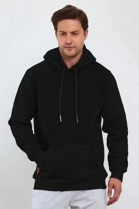 Erkek 3 İplik Pamuklu Kapüşonlu Kanguru Cepli Baskılı Oversize Hoodie Sweatshirt -  Siyah P257561S8135 ürün görseli 1