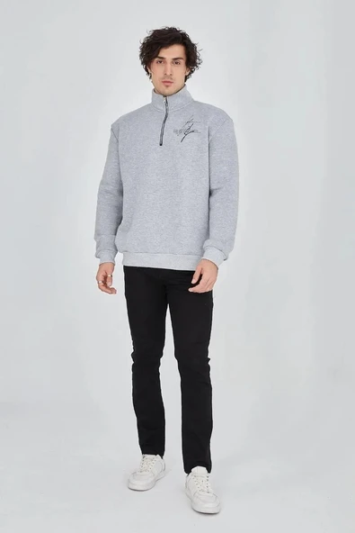 Erkek Yarım Fermuarlı Baskılı 3 iplik pamuklu sweatshirt - Gri ürün görseli 1