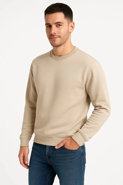 Erkek 3 İplik Pamuklu Düz Bisiklet Yaka SweatShirt - Bej ürün görseli 1