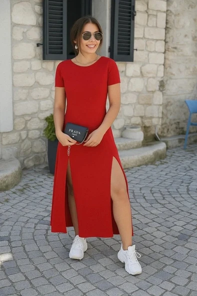 Kadın Kısa Kollu Sırt Dekolteli Yırtmaç Detaylı Viskon Elbise ürün görseli 1
