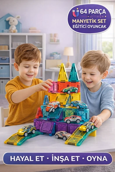64 Parça Mini Manyetik Blok Eğitici Oyuncak Seti | 3D Yapı Oyunu, Zeka Geliştirici ürün görseli 1