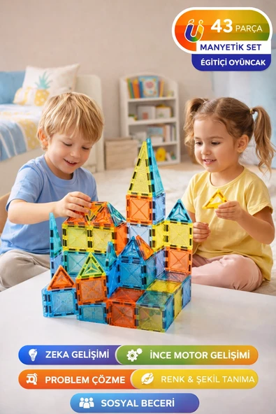 43 Parça Manyetik Blok Seti – Eğitici Zeka Oyunu, Renkli 3D Yapı Oyuncağı 3+ Yaş I 5.5 cm ürün görseli 1