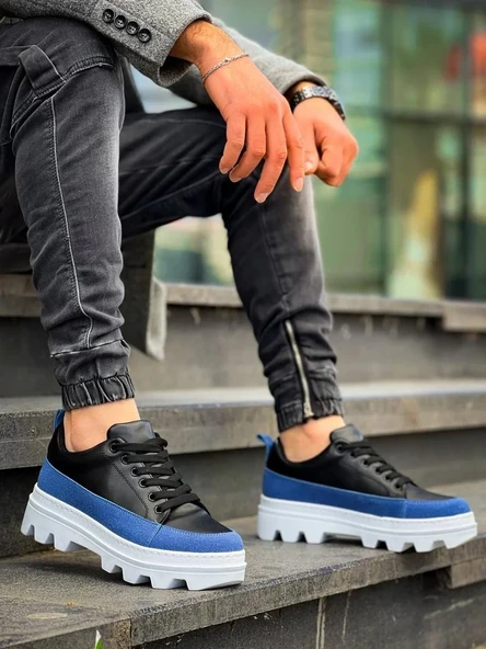 KB-056 Kuback Siyah Mavi Detaylı Beyaz Yüksek Taban Günlük Spor Ayakkabı ürün görseli 1
